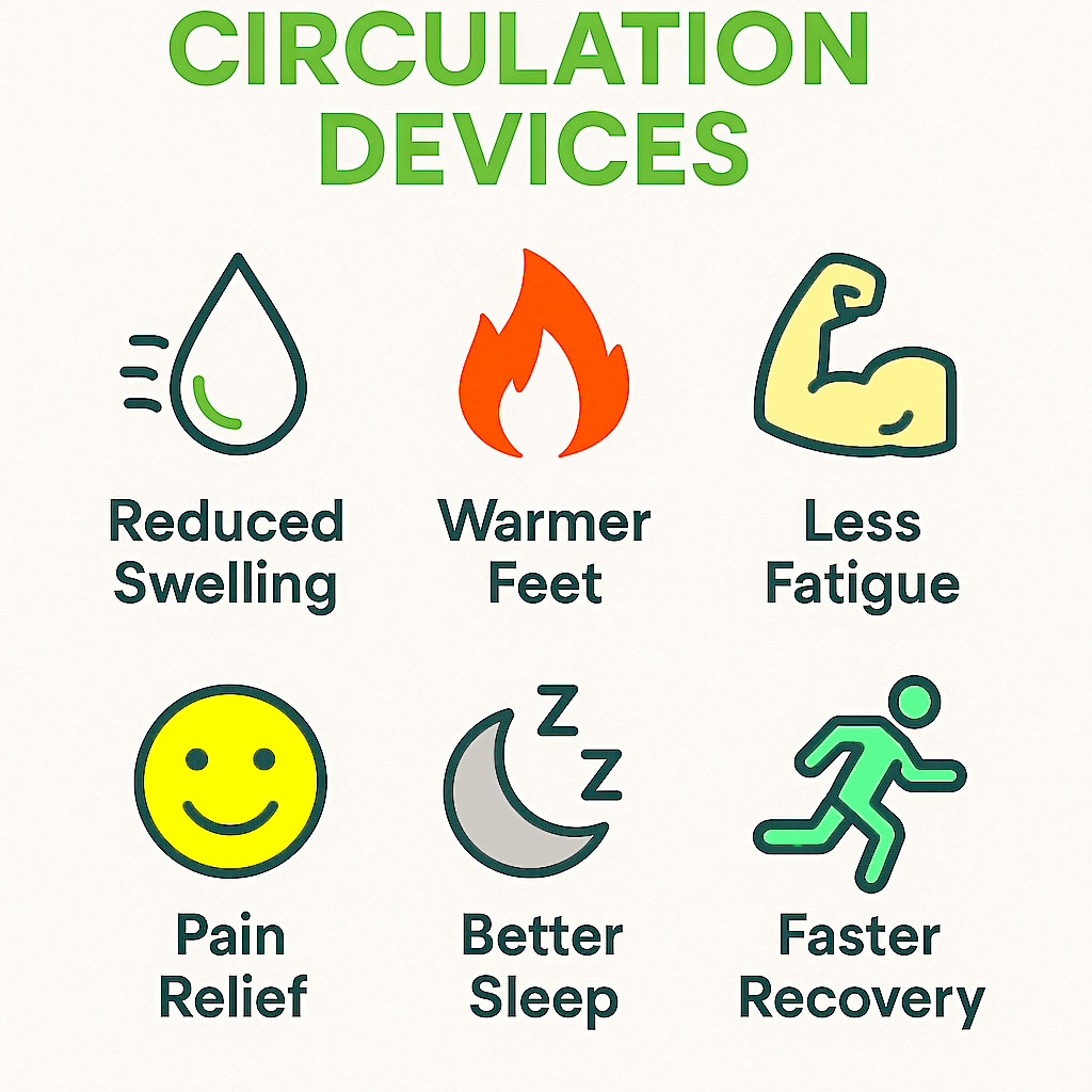 An infographic showing some of the benefits people may get when using circulation devices - reduced swelling, warmer feet, less fatigue, pain relief, better sleep and faster recovery