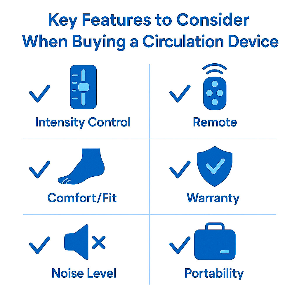 An infographic showing the key features to consider when buying a circulation device - intensity control, remote, comfort-fit, warranty, noise level and portability