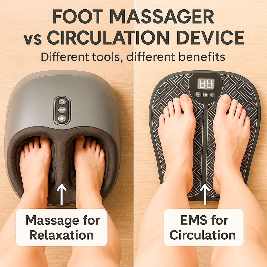 Images of two feet, one in a foot massager and one on a circulation device, showing massage for relaxation and EMS for circulation