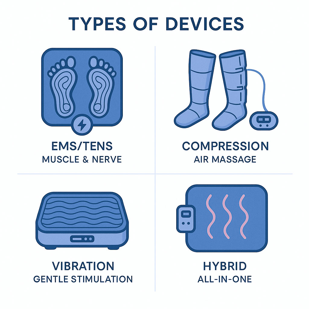 Infographic showing four types of devices - EMS-TENS for muscle and nerve, compression for air massage, vibration for stimulation and hybrid for an all in one