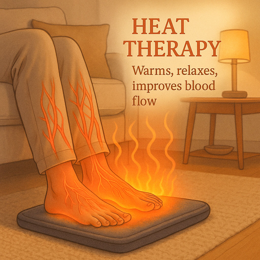 An infographic showing how heat therapy can help warm, relax and improve blood flow in the feet