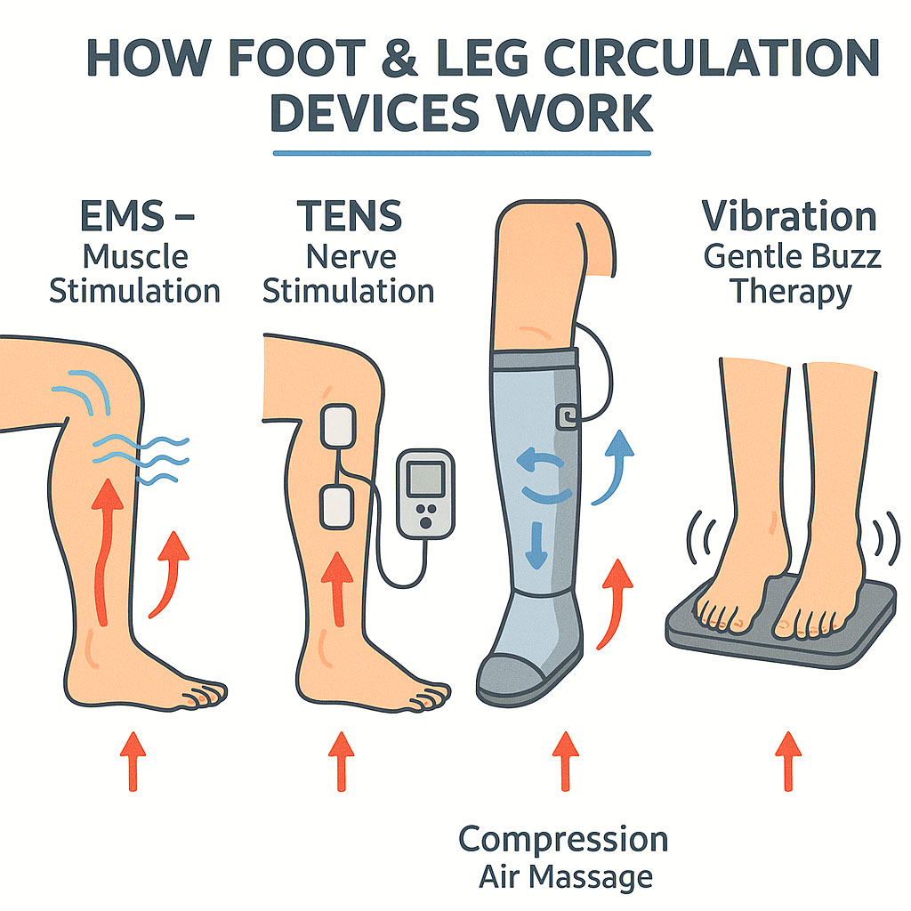 An infographic showing how foot and leg circulation devices work