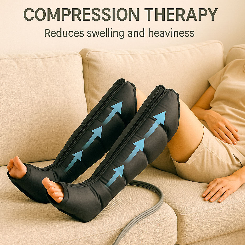 A lady sat relaxing laid on a sofa with compression boots on giving her an air massage, which may reduce swelling and heaviness in the legs and feet