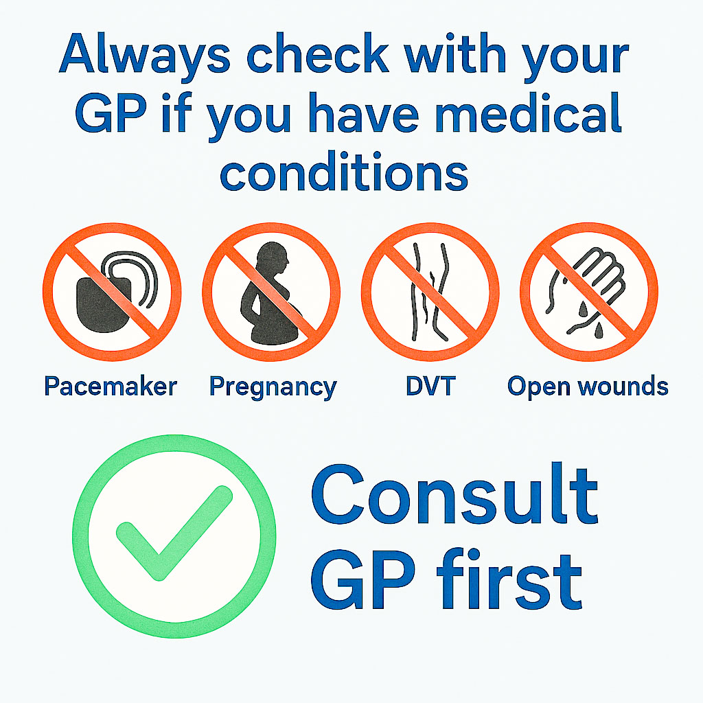 An infographic showing a warning that you should always consult your GP before using a medical device if you have certain medical conditions - pacemaker, pregnant, DVT, open wounds etc