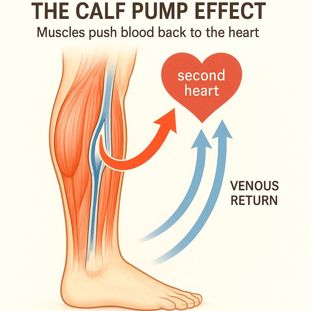 An infographic showing the bottom of a leg and the venous return to the heart caused by the calf pump effect