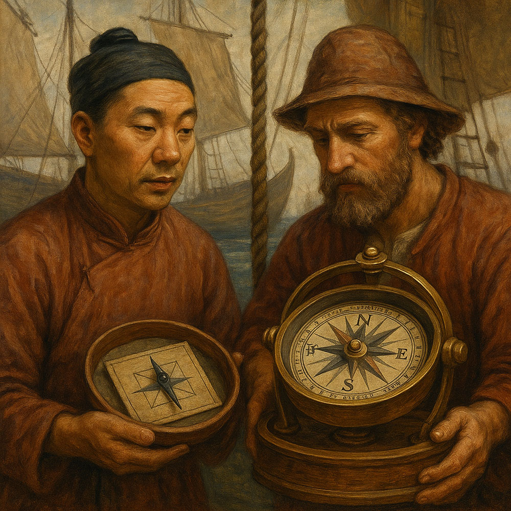 13th-century Chinese and European sailors, along with their compasses