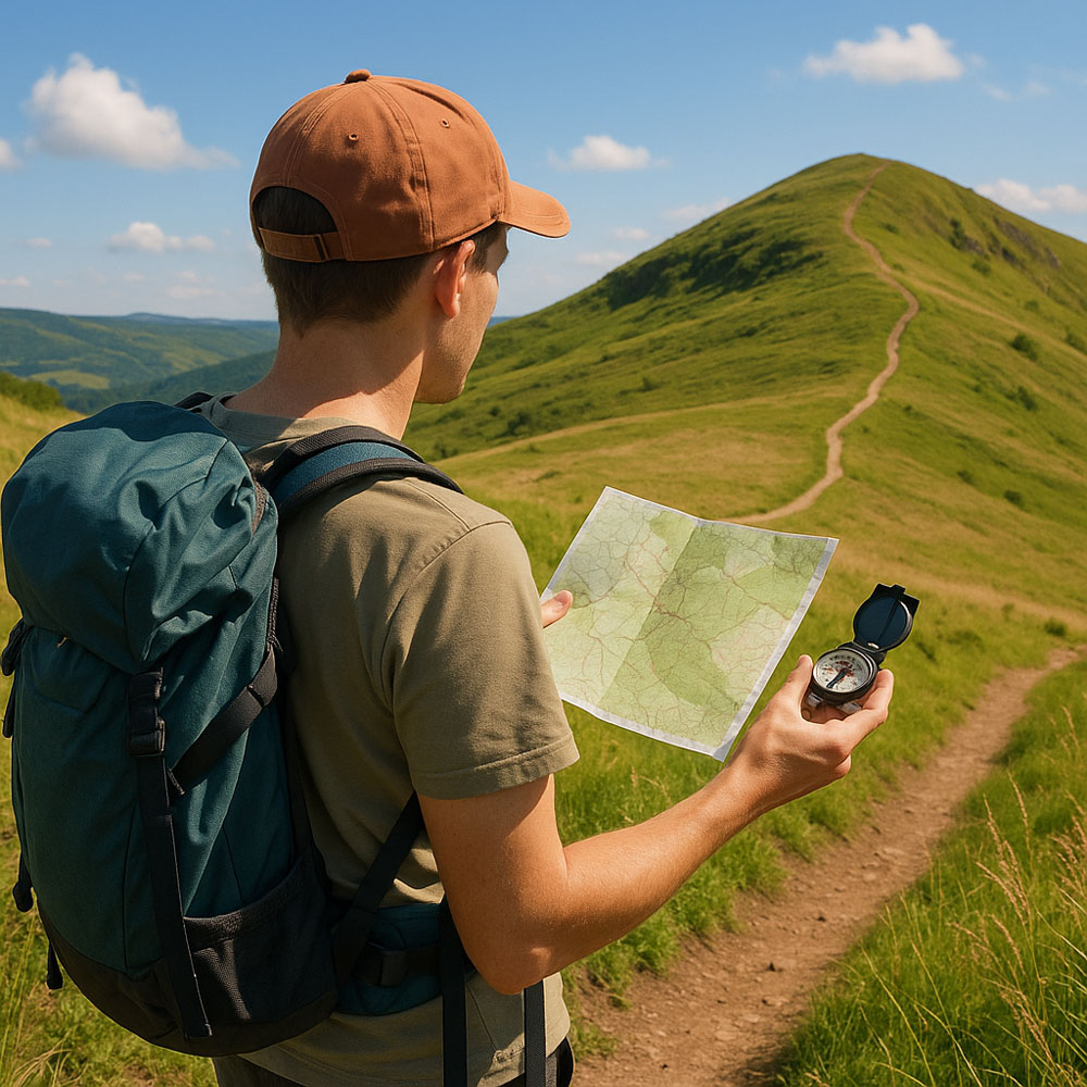 A hiker holding a compass in one hand and a map in the other, looking at the route ahead