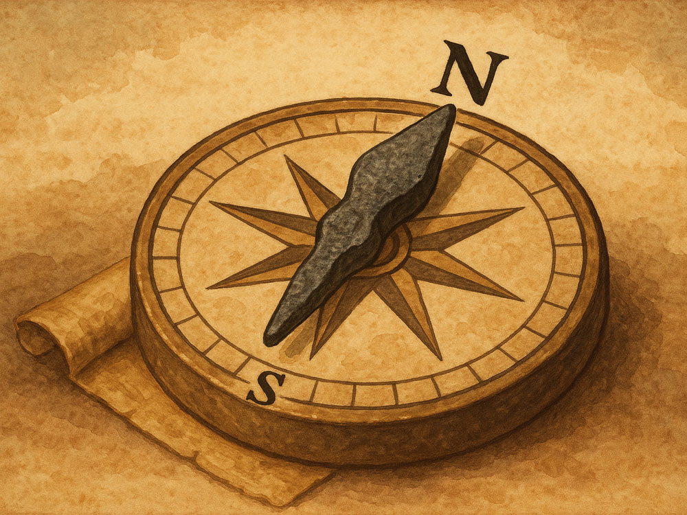 A very early lodestone being used as a compass