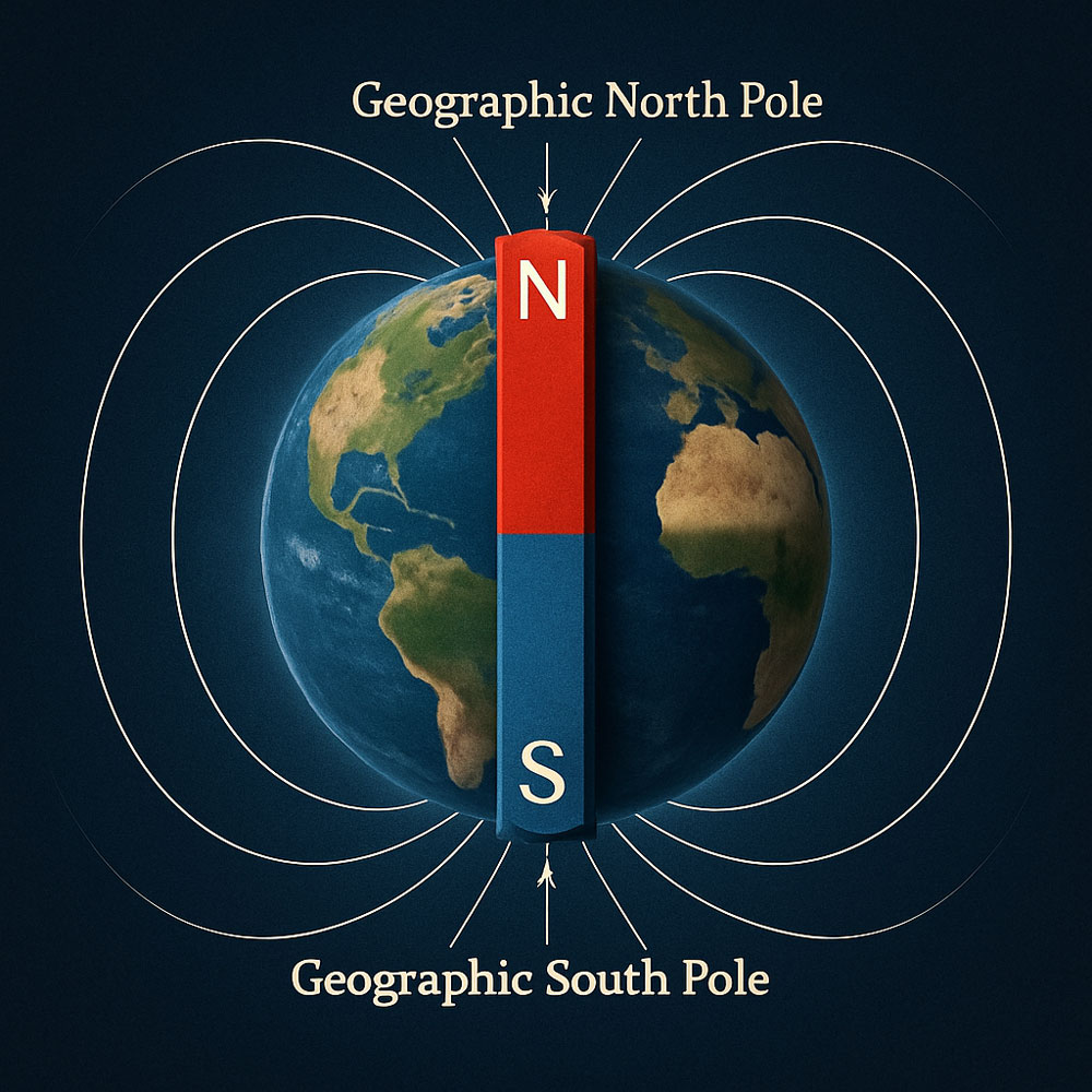 The Earth with a superimposed compass needle over the top - the red end points to North