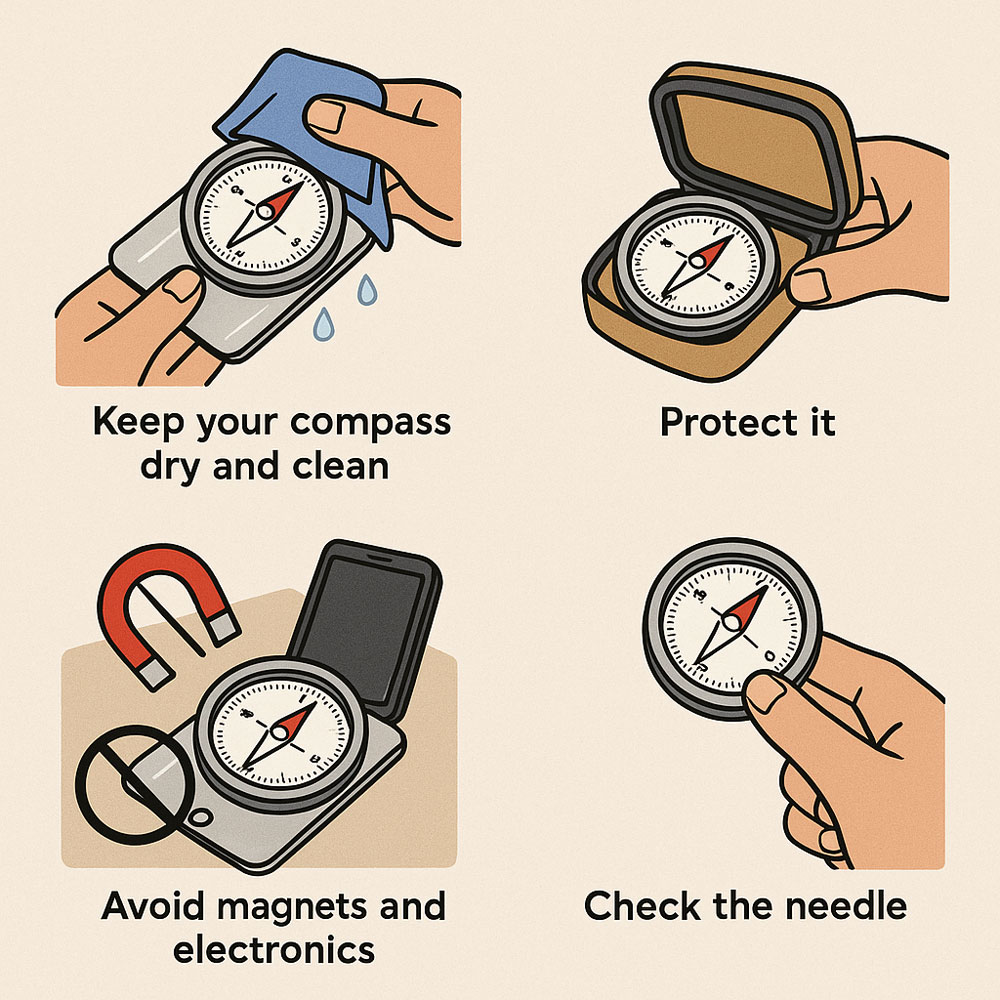 The steps to clean and maintain a compass