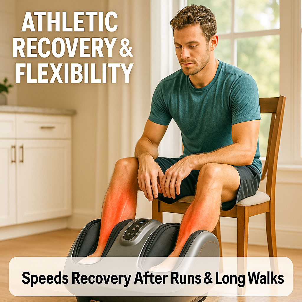 An athlete following exercise is sat in how kitchen with his feet in a foot massager recovering