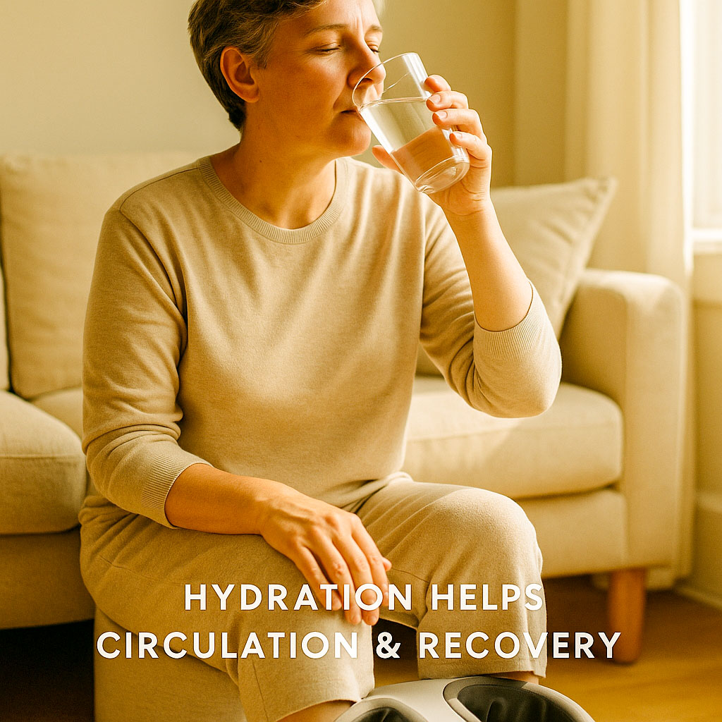 A lady sat on a sofa who is just about to have a foot massage. She is drinking water before she starts, as hydration helps circulation and recovery