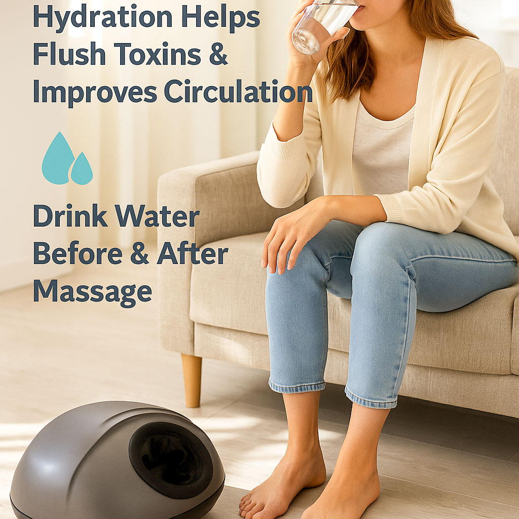 A lady sat on a sofa drinking a glass of water after her foot massage session, as drinking water before or after a session helps flush toxins and improves circulation