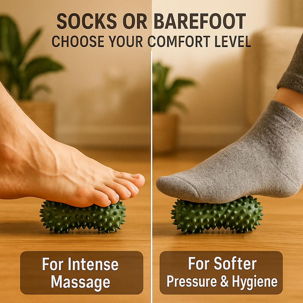 An image showing a bare foot on the left and a foot in a sock on the right, both resting on a manual foot massager