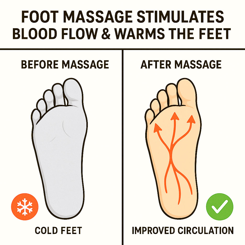 Infographic showing how foot massage stimulates blood flow and warms the feet