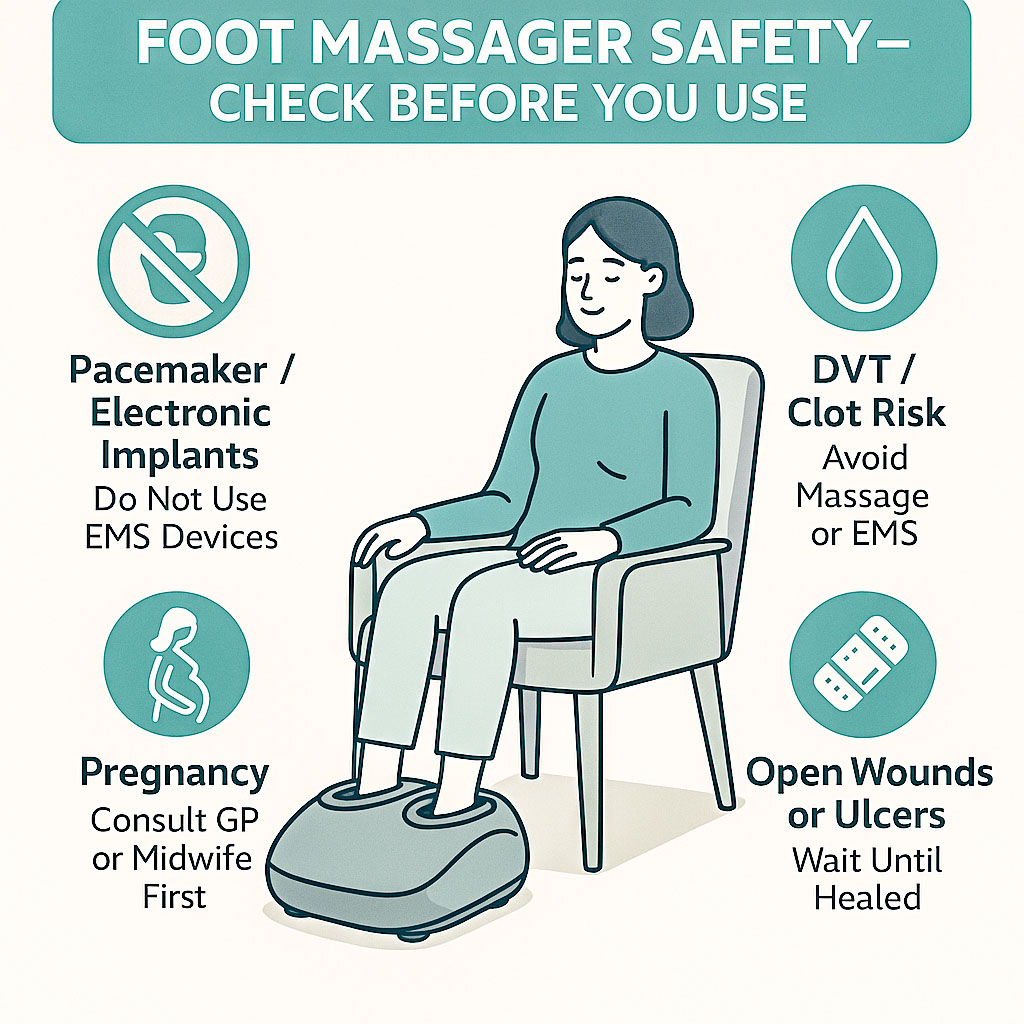 An infographic outlining foot massager safety - what to check before use