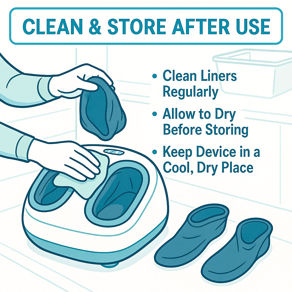 An infographic showing how to clean and store the foot massager after use