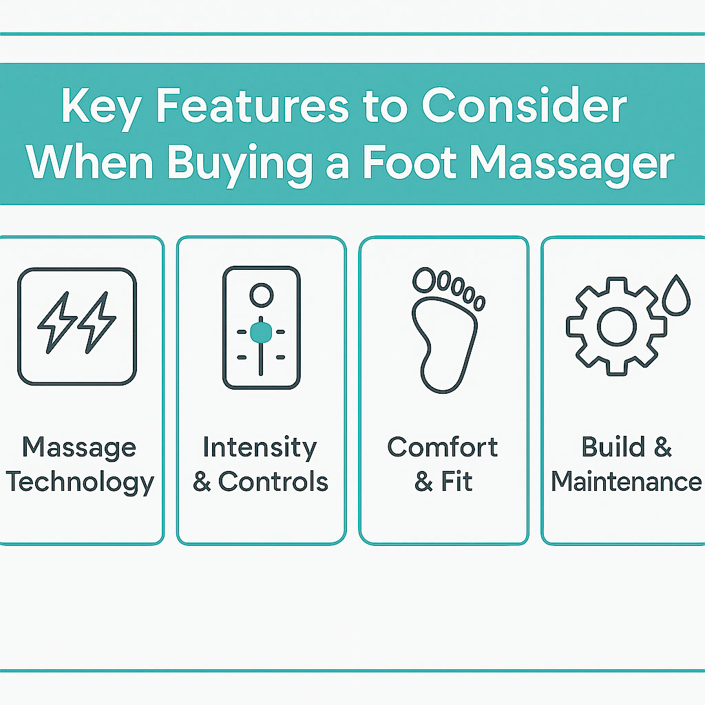 An infographic showing the key features to consider when buying a foot massager - massage technology, intensity and controls, comfort and fit and build and maintenance