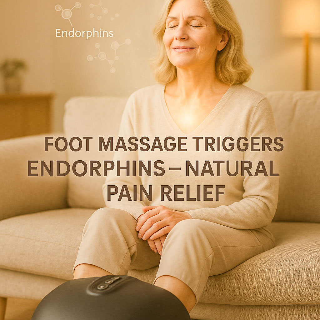 A lady sat on her sofa, with her feet in a foot massager, smiling and relaxing as she experiences an endorphin release