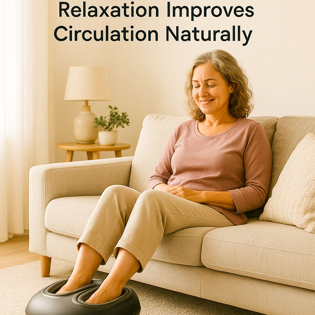 A lady relaxing on a sofa experiencing improved circulation, with her feet in a massager