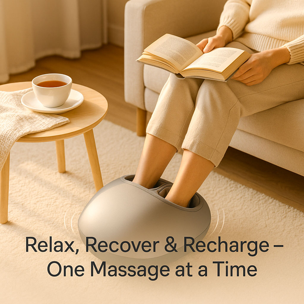 A lady sat on a sofa, relaxing reading a book, cup of tea on the table and her feet in a foot massager