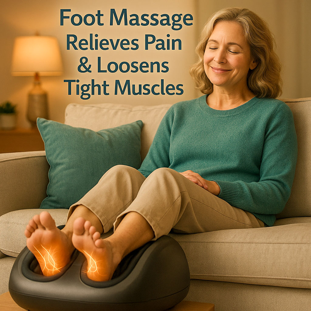 A lady sat relaxed on a sofa with her feet in a foot massager, as the massage has helped relieve her foot pain