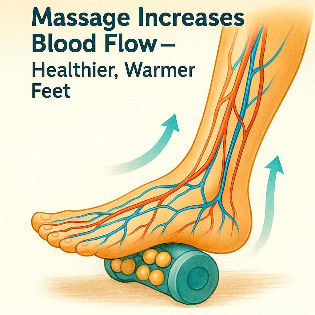 An image of a transluscent foot with veins showing that massage may increase blood flow, resulting in healtheir, warmer feet