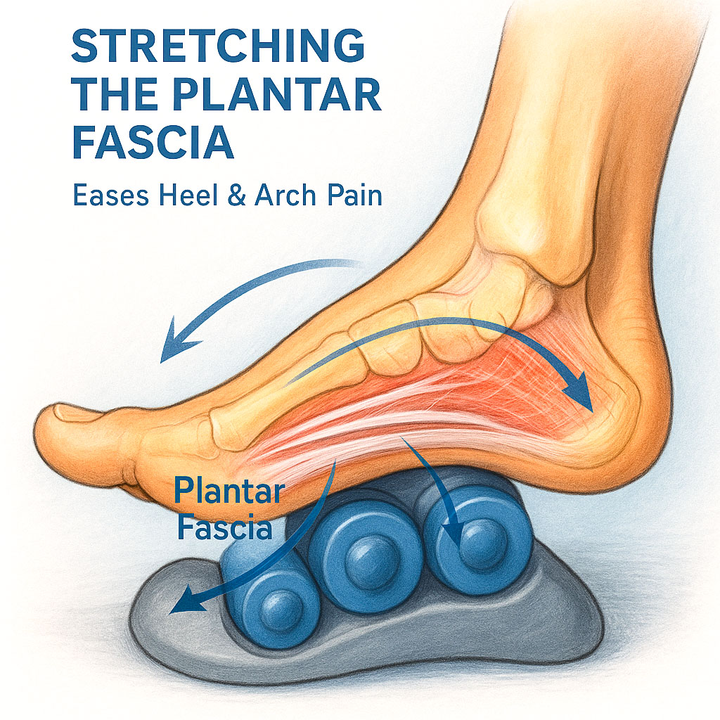 Infographic showing how the massage rollers stretch the plantar fascia