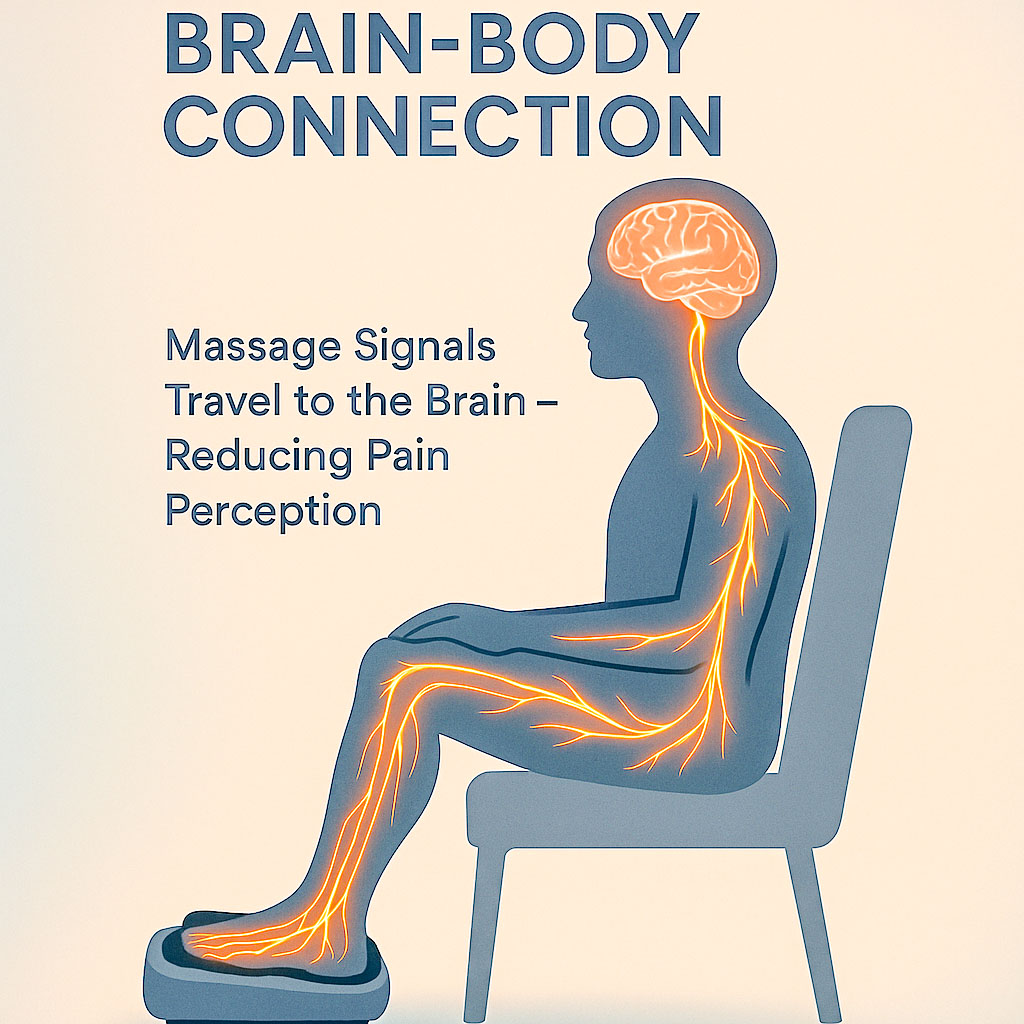 An infographic showing a person sat on a chair with their feet on a foot massager, showing the nerves in the body from the brain to the feet connected, which may reduce pain perception