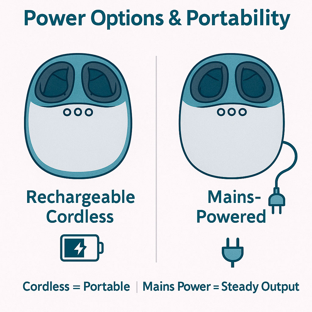 An infographic showing a rechargeable and a mains powered foot massager side by side, setting out advantages of each