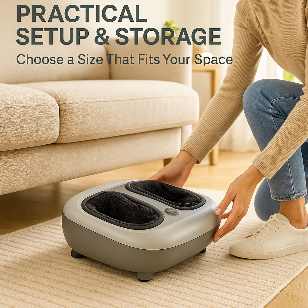 A lady sliding her foot massager under her sofa for storage