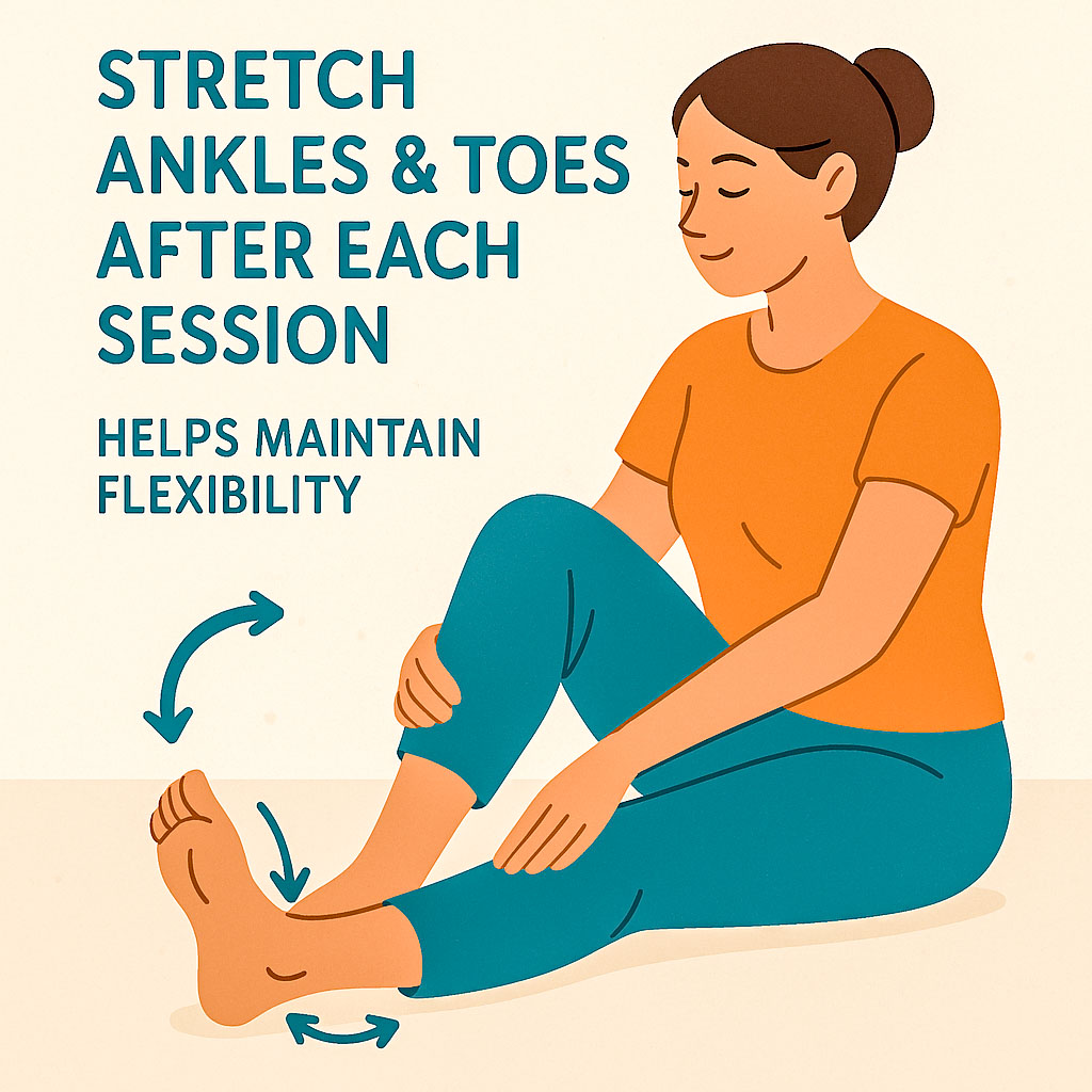 A lady strteching her ankles and toes after using a foot massager to help maintain flexibility