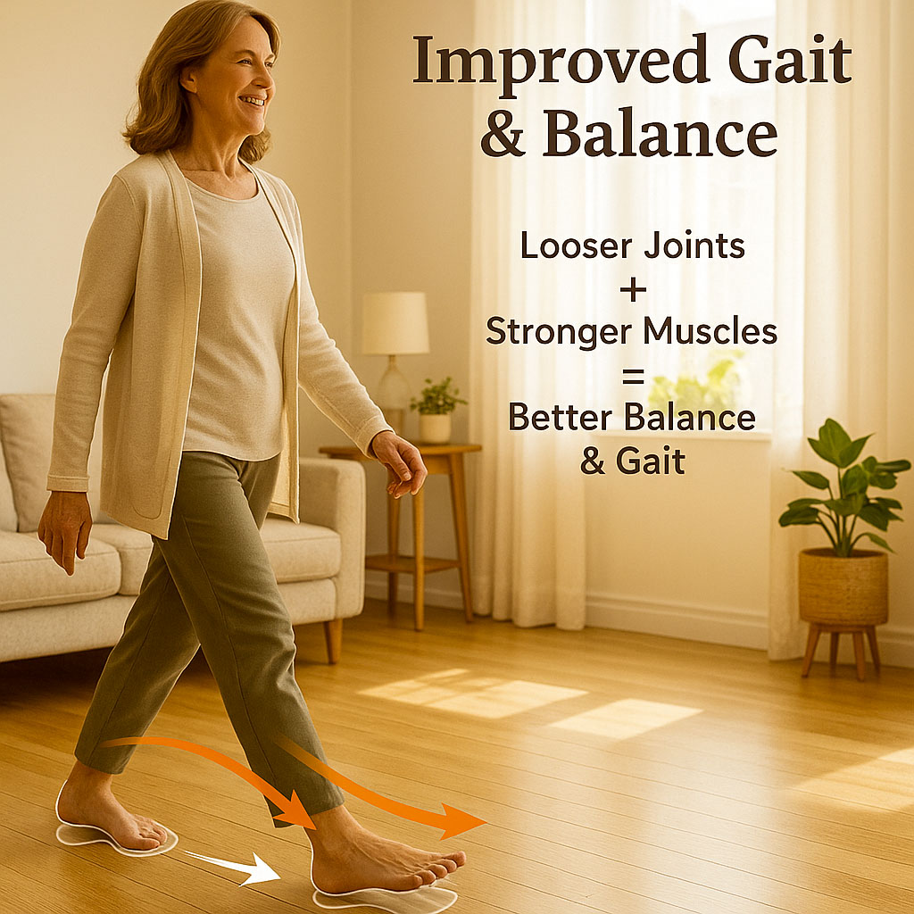 A lady walking barefoot across a room, after a foot massage, with looser joints and stronger muscles, which result in better balance and gait