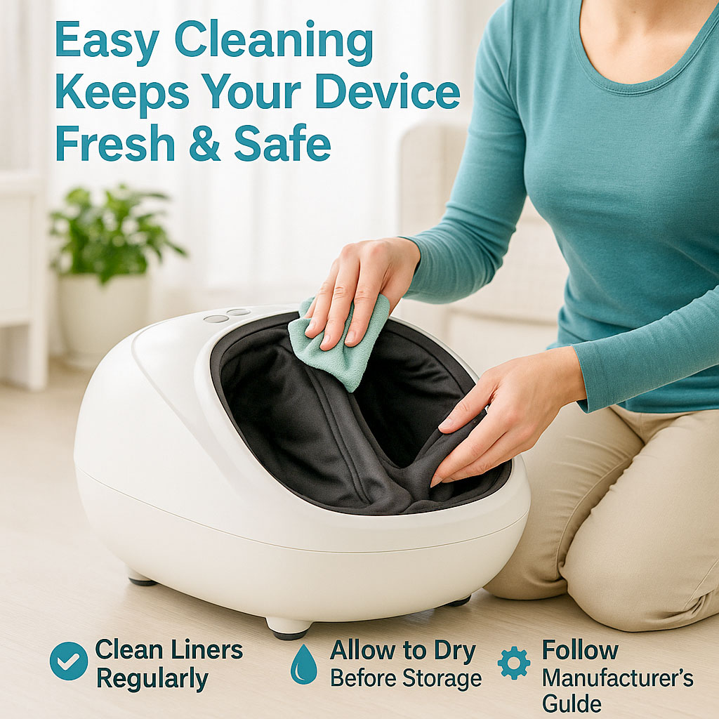 A lady wiping down her foot massage machine