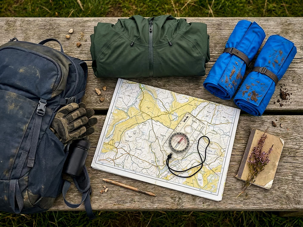 A tidy flat lay arrangement of a practical UK hillwalking kit setup on a weathered wooden bench