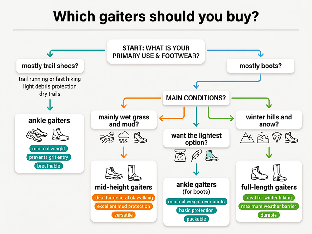 An infographic titled 'Which gaiters should you buy?' showing a clean decision flow diagram