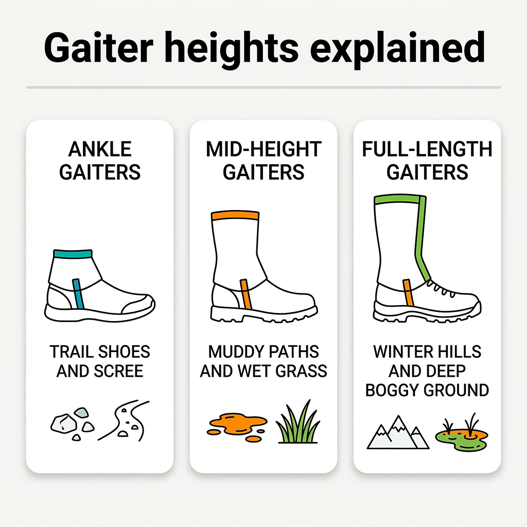 An infographic comparing ankle, mid-height, and full-length gaiters side-by-side