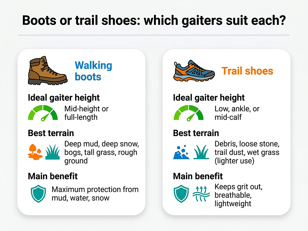 An infographic comparing suitable gaiter types for walking boots and trail running shoes