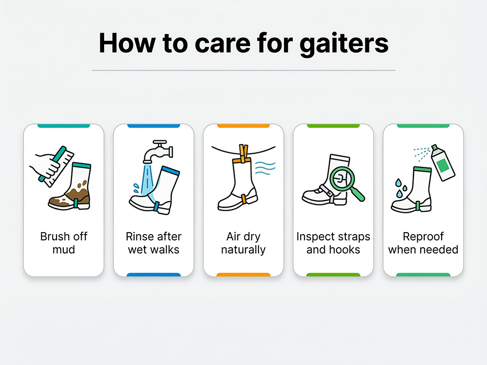 An infographic titled 'How to care for gaiters' showing maintenance steps like brushing mud and reproofing