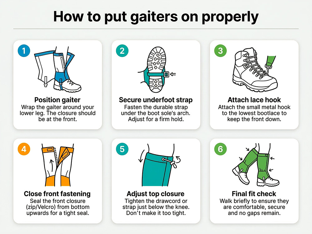 An infographic titled 'How to put gaiters on properly' showing six numbered steps with simple icons