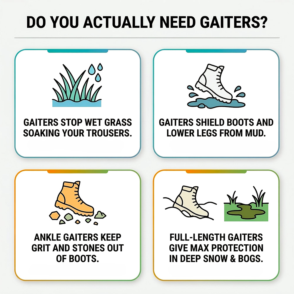 An infographic titled 'Do you actually need gaiters?' showing common use cases with simple icons