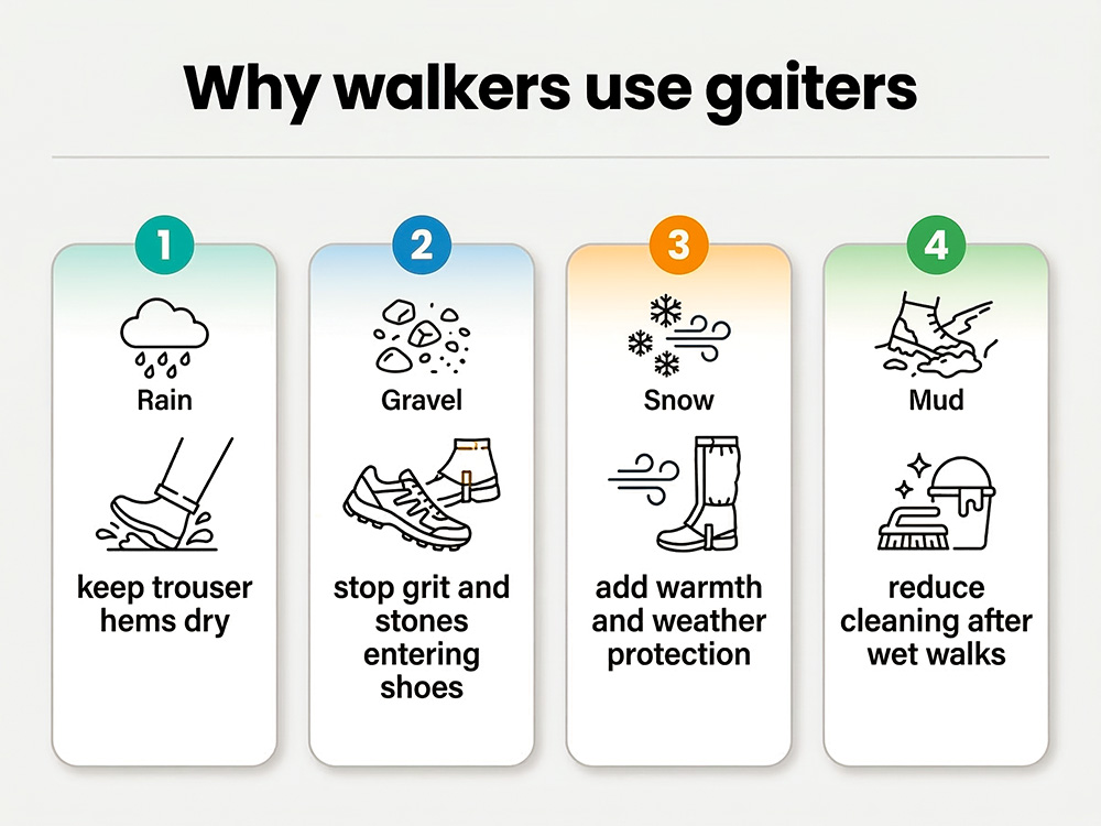 An infographic illustrating four key reasons to use gaiters, including keeping trousers dry and stopping grit