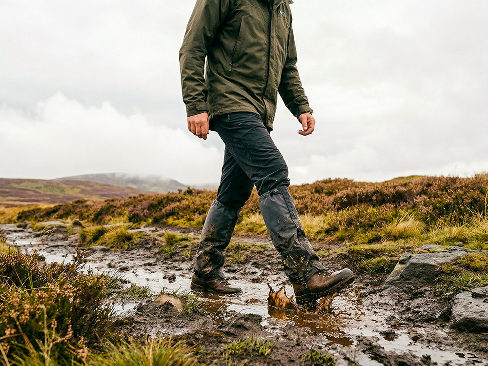 A photo of a lone walker crossing muddy British moorland wearing dark full-length gaiters