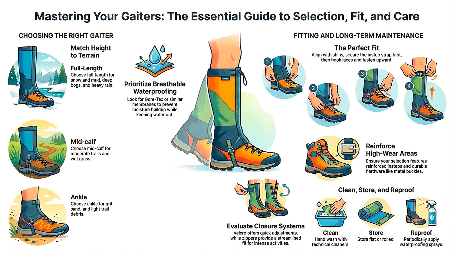 A comprehensive infographic guide covering gaiter selection, proper fitting, and long-term care, featuring boot illustrations and a main leg diagram