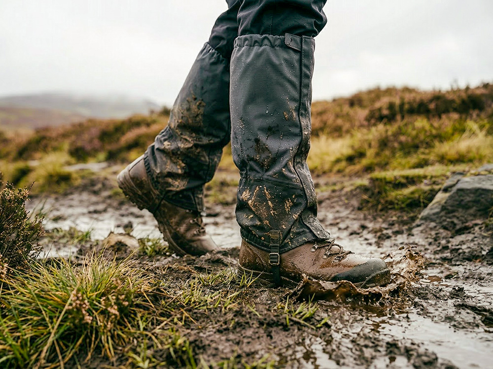 A realistic close-up of muddy boots and gaiters walking through wet grass on a British trail