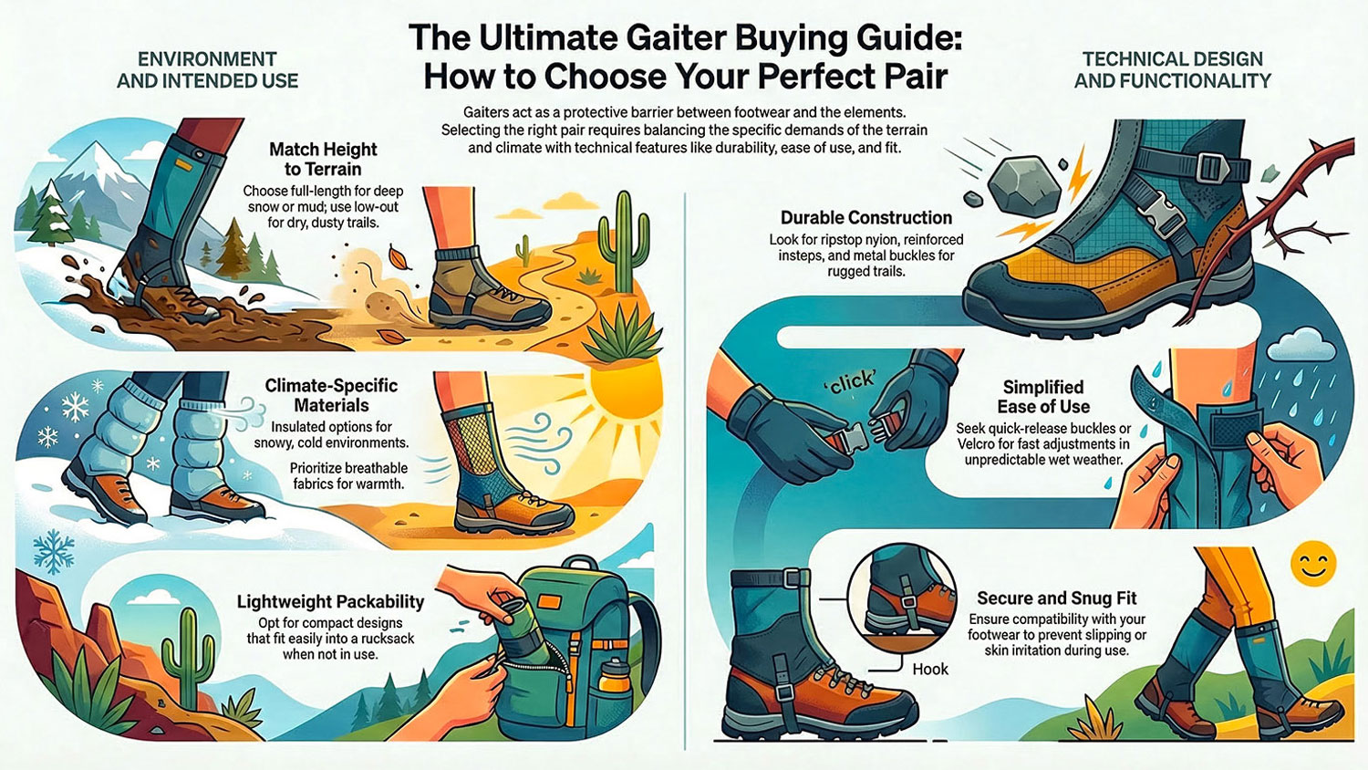 Infographic guide titled 'The Ultimate Gaiter Buying Guide' divided into intended use and technical design. Covers height, climate, and construction.
