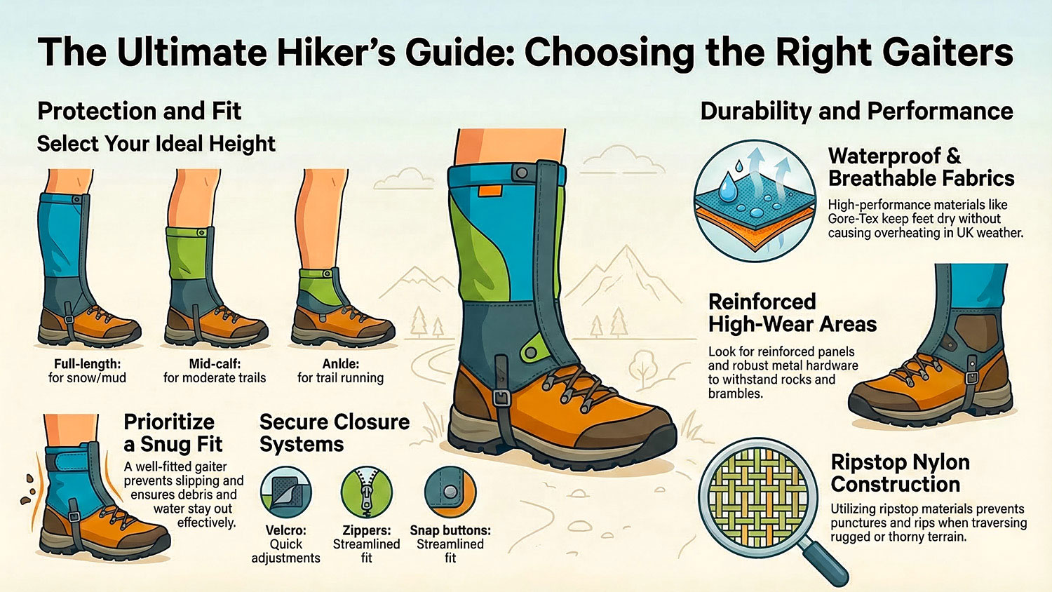 An infographic guide for hikers on choosing gaiters, focusing on protection, fit, durability, and performance. Features illustrations of a leg with a knee-high gaiter.