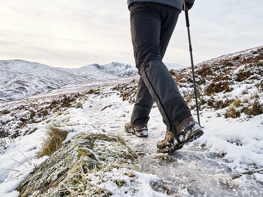 A walker on a snowy British path wearing full-length gaiters and sturdy winter boots