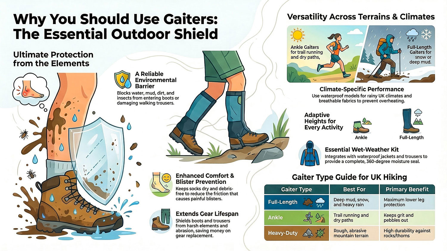 An infographic detailing reasons hikers should use gaiters, including environmental barrier, comfort, and blister prevention. Features a type guide for UK hiking.