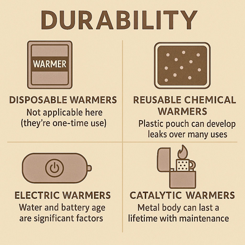 An infographic showing the differences in durability of the different types of hand warmers